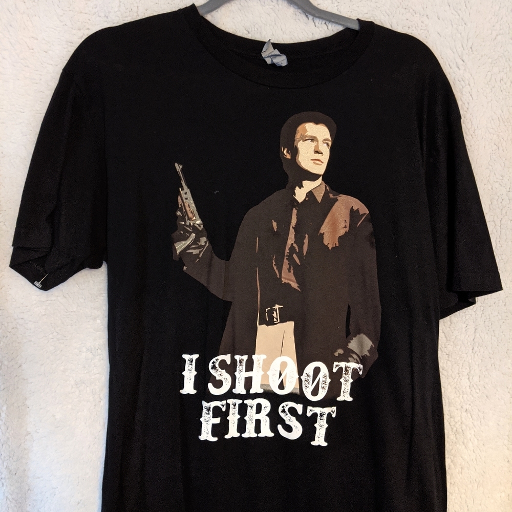 FIREFLY Mal Reynolds 'I Shoot First' T-Shirt LG